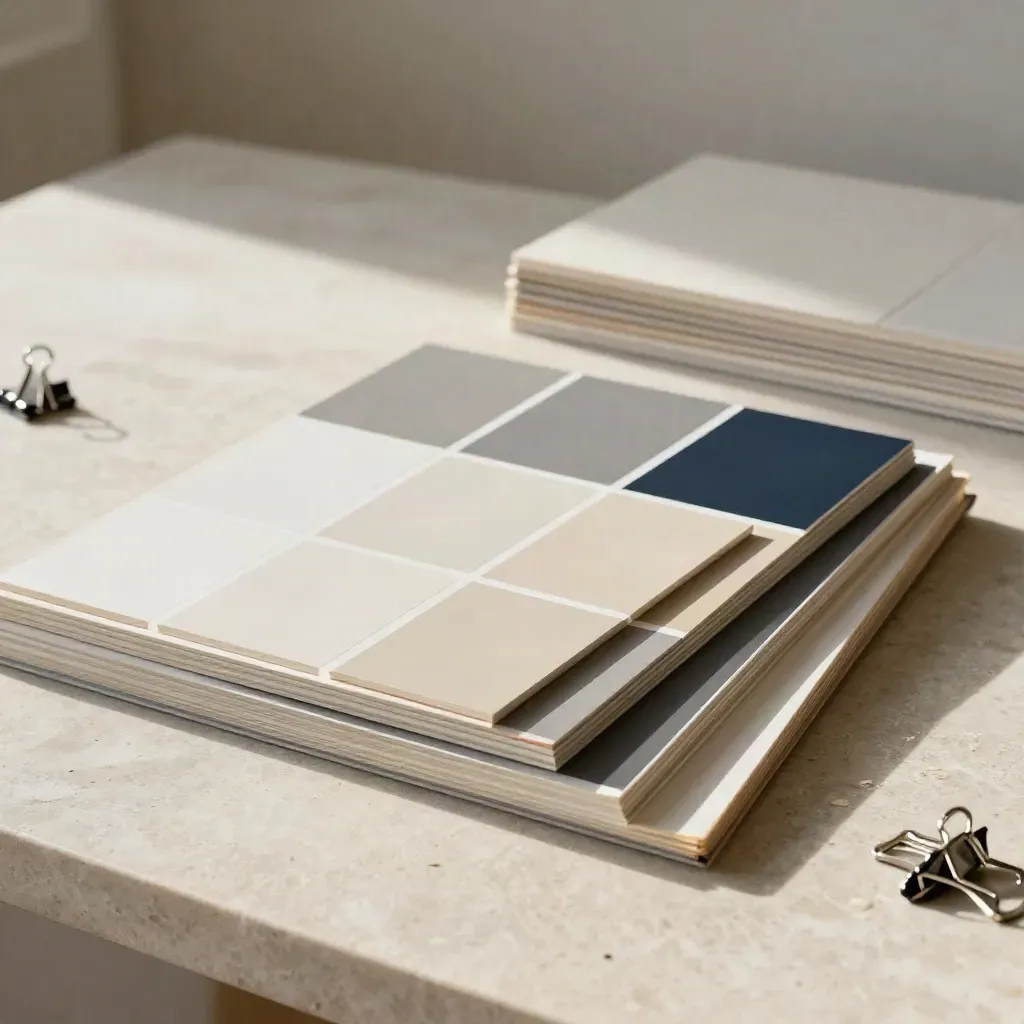 Brand audit boards and swatches on a limestone table in a cinematic editorial scene.