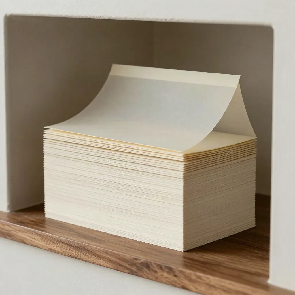 Cream website-copy layout cards and a folded header sheet on a walnut ledge, lit cinematically.