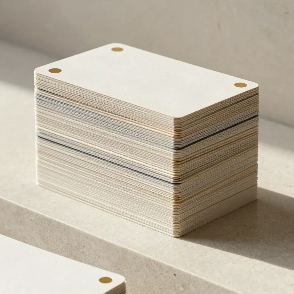 Stacked cream cards and brass proof chips fanning on travertine under soft daylight