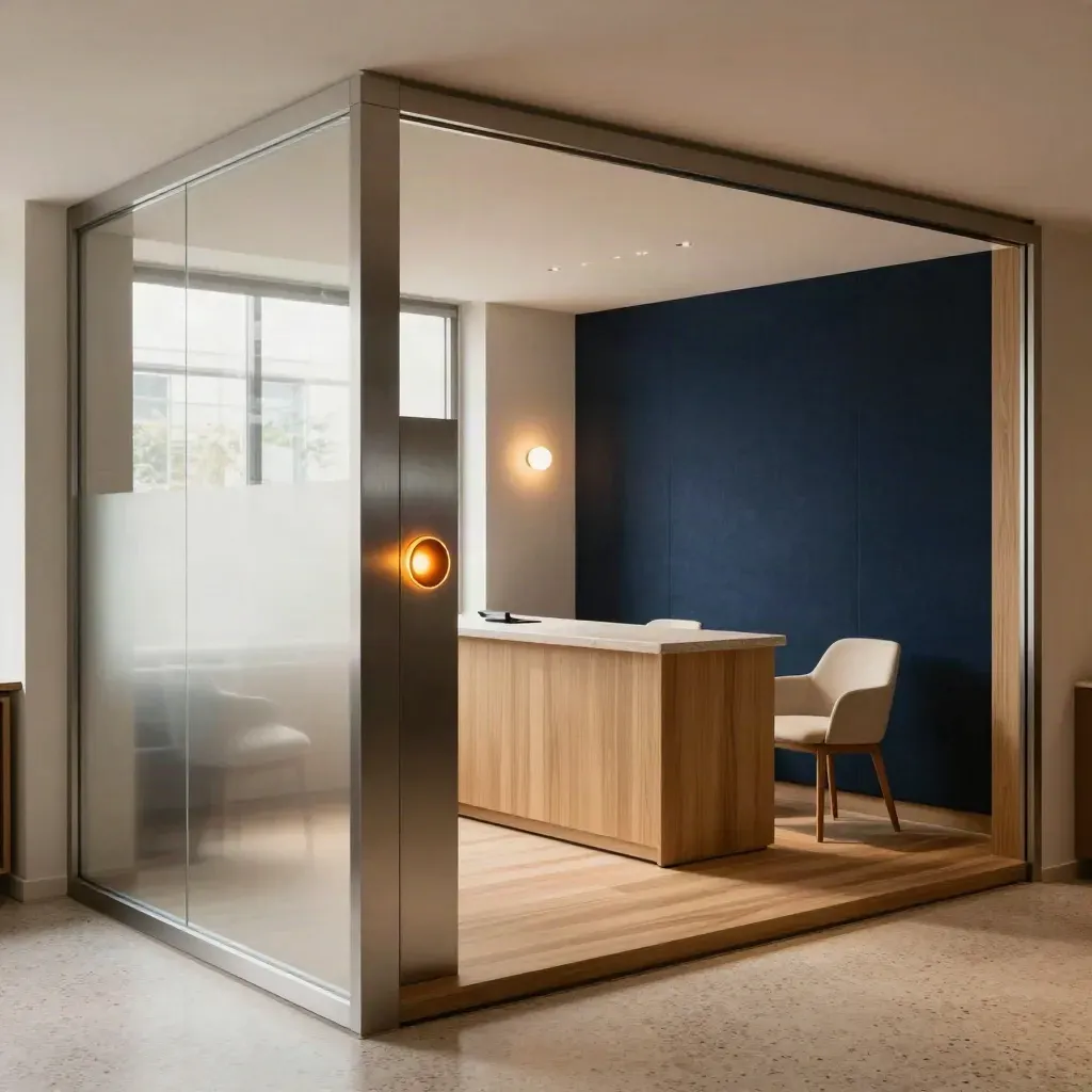 Empty glass booking nook, glowing call button, and welcome counter in a warm SaaS demo suite.