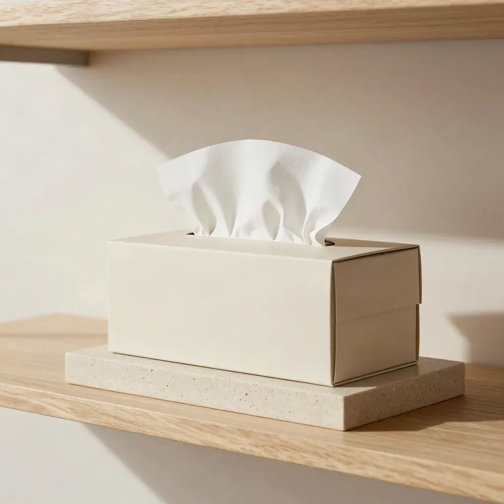 Premium Shopify shelf display with boxes, tissue, and a ceramic pedestal in soft daylight.