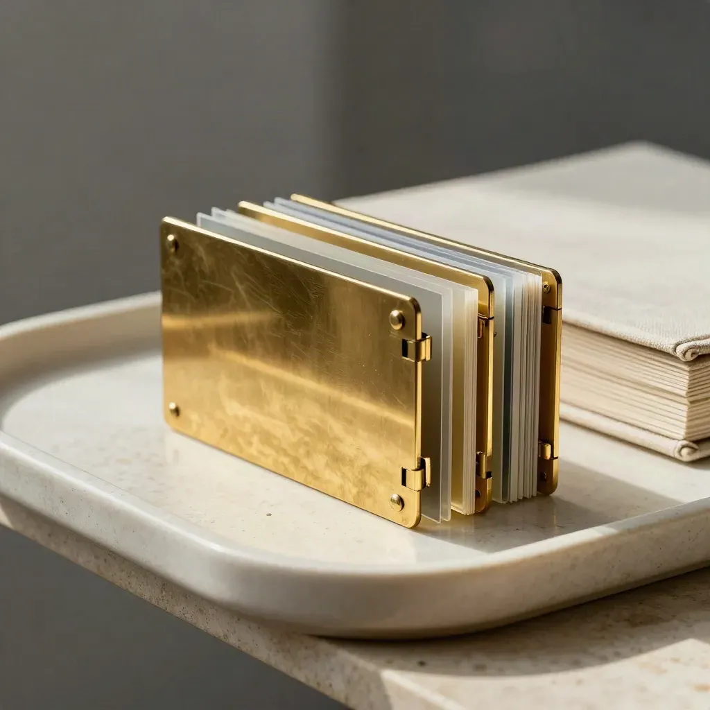 Brass dividers, acetate swatches and a closed book on travertine, lit dramatically.