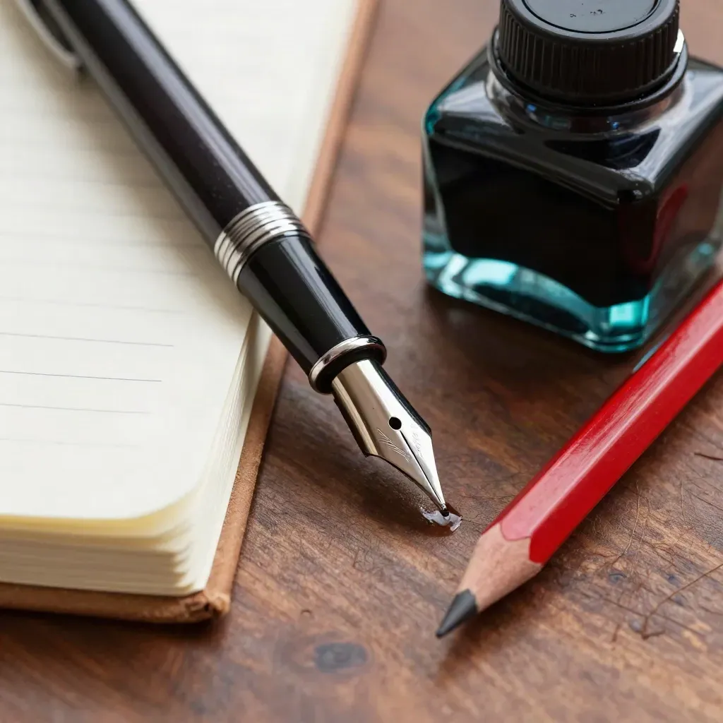 Macro of fountain pen nib, ink glass, red pencil and notebook edge on walnut desk.