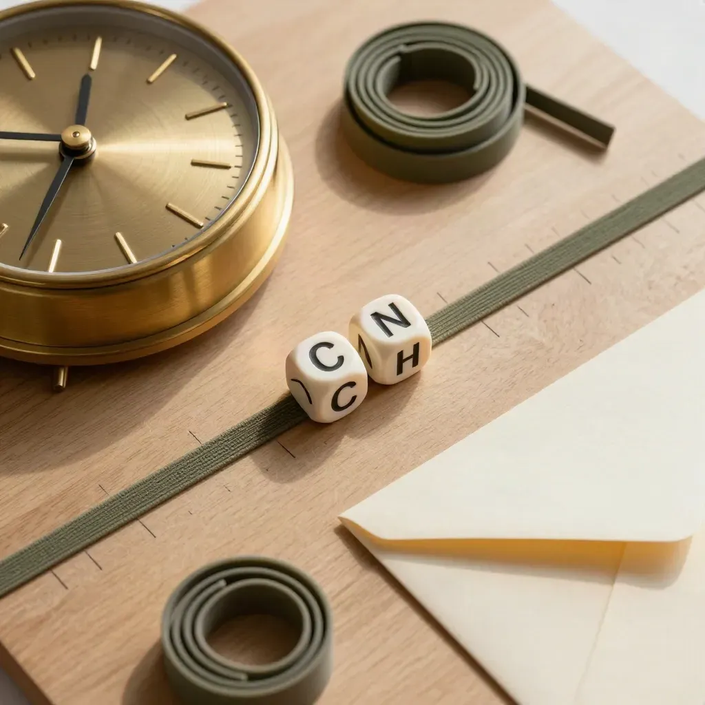 Brass timing tools, calendar cubes, elastic bands and a clipped envelope on an oak board.