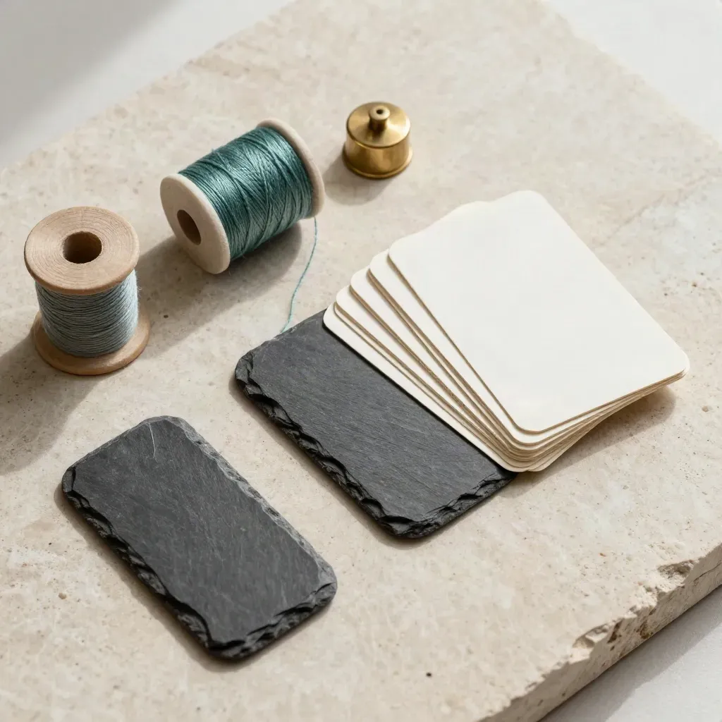 Overhead message-map still life with stone tokens, teal thread spools and ivory cards on limestone.