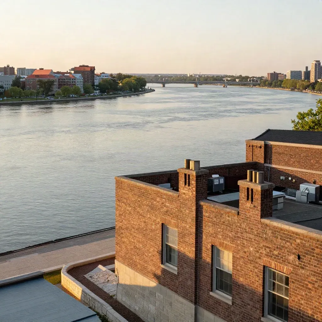 Golden-hour Boston Back Bay and Charles River bend with hazy rooftops and calm river water.
